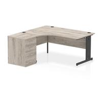 Impulse 1600mm Left Crescent Office Desk Grey Oak Top Black Cable Managed Leg Workstation 600 Deep Desk High Pedestal