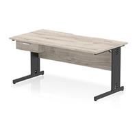 Impulse 1600 x 800mm Scalloped Edge Straight Office Desk Grey Oak Top Black Cable Managed Leg Workstation 1 x 1 Drawer Fixed Pedestal