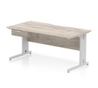 Impulse 1600 x 800 Scalloped Desk Grey Oak Silver Cable Managed 1D Ped