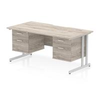 Impulse 1600 x 800 Scalloped Desk Grey Oak Silver Cantilever 2x2D Ped