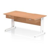 Impulse 1600 x 800 Scalloped Desk Oak Top White Cable Managed 2x1D Ped