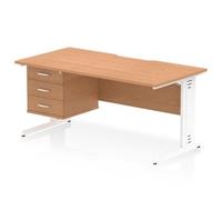 Impulse 1600 x 800mm Scalloped Edge Straight Office Desk Oak Top White Cable Managed Leg Workstation 1 x 3 Drawer Fixed Pedestal