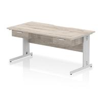 Impulse 1600 x 800mm Scalloped Edge Straight Office Desk Grey Oak Top Silver Cable Managed Leg Workstation 2 x 1 Drawer Fixed Pedestal
