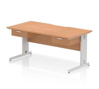 Impulse 1600 x 800mm Scalloped Edge Straight Office Desk Oak Top Silver Cable Managed Leg Workstation 2 x 1 Drawer Fixed Pedestal