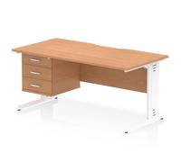 Impulse 1600 x 800mm Scalloped Edge Straight Office Desk Oak Top White Cable Managed Leg Workstation 1 x 3 Drawer Fixed Pedestal