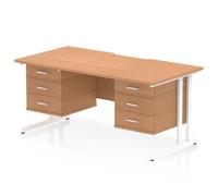 Impulse 1600 x 800mm Scalloped Edge Straight Office Desk Oak Top White Cantilever Leg Workstation 2 x 3 Drawer Fixed Pedestal