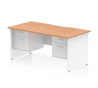 Impulse 1600 x 800mm Scalloped Edge Straight Office Desk Oak Top White Panel End Leg Workstation 2 x 2 Drawer Fixed Pedestal
