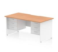 Impulse 1600 x 800mm Scalloped Edge Straight Office Desk Oak Top White Panel End Leg Workstation 2 x 3 Drawer Fixed Pedestal