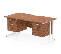 Impulse 1600 x 800mm Scalloped Edge Straight Office Desk Walnut Top White Cantilever Leg Workstation 2 x 2 Drawer Fixed Pedestal