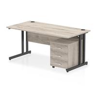 Impulse 1600 x 800mm Straight Office Desk Grey Oak Top Black Cantilever Leg Workstation 3 Drawer Mobile Pedestal