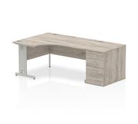 Impulse 1600mm Left Crescent Desk Grey Oak White Leg + Desk High Ped