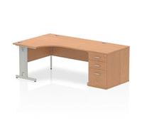 Impulse Bench 1600mm Left Crescent Office Desk Oak Top White Cable Managed Leg W