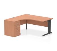 Impulse 1600mm Left Crescent Office Desk Beech Top Black Cable Managed Leg Workstation 600 Deep Desk High Pedestal