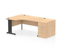 Impulse 1600mm Left Crescent Office Desk Maple Top Black Cable Managed Leg Workstation 800 Deep Desk High Pedestal
