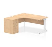 Impulse 1600mm Left Crescent Office Desk Maple Top White Cable Managed Leg Workstation 600 Deep Desk High Pedestal