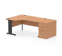 Impulse 1600mm Left Crescent Office Desk Oak Top Black Cable Managed Leg Workstation 800 Deep Desk High Pedestal