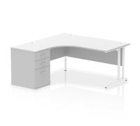 Impulse 1600mm Left Crescent Office Desk White Top White Cantilever Leg Workstation 600 Deep Desk High Pedestal