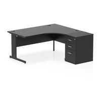 Impulse 1600mm Right Crescent Office Desk Black Top Black Cable Managed Leg Workstation 600 Deep Desk High Pedestal