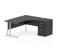 Impulse 1600mm Right Crescent Office Desk Black Top Silver Cantilever Leg Workstation 600 Deep Desk High Pedestal
