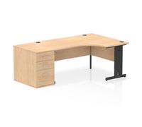 Impulse 1600mm Right Crescent Office Desk Maple Top Black Cable Managed Leg Workstation 800 Deep Desk High Pedestal