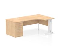 Impulse 1600mm Right Crescent Office Desk Maple Top White Cable Managed Leg Workstation 800 Deep Desk High Pedestal