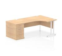 Impulse 1600mm Right Crescent Office Desk Maple Top White Cantilever Leg Workstation 800 Deep Desk High Pedestal