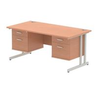 Dynamic Rectangular Office Desk Beech MFC Cantilever Leg Silver Frame Impulse 2 x 2 Drawer Fixed Ped 1600 x 800 x 730mm