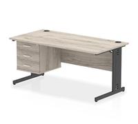 Impulse 1600 x 800mm Straight Office Desk Grey Oak Top Black Cable Managed Leg Workstation 1 x 3 Drawer Fixed Pedestal