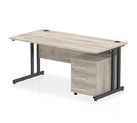 Impulse 1600 x 800mm Straight Office Desk Grey Oak Top Black Cantilever Leg Workstation 3 Drawer Mobile Pedestal