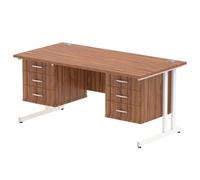 Impulse 1600x800 Desk Walnut White Cantilever Leg + 2x Fixed Pedestal