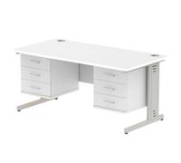 Impulse 1600x800 Desk White Silver Cable Managed + 2x Fixed Pedestal