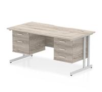 Impulse 1600x800 Scalloped Desk Grey Oak Silver Cantilever 2D + 3D Ped