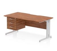 Impulse 1600 x 800mm Scalloped Edge Straight Office Desk Walnut Top Silver Cable Managed Leg Workstation 1 x 3 Drawer Fixed Pedestal