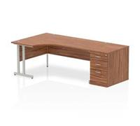 Impulse Bench 1800mm Left Crescent Office Desk Walnut Top White Cantilever Leg W