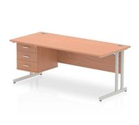 Dynamic Rectangular Office Desk Beech MFC Cantilever Leg Silver Frame Impulse 1 x 3 Drawer Fixed Ped 1800 x 800 x 730mm