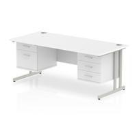 Dynamic Rectangular Office Desk White MFC Cantilever Leg Silver Frame Impulse 1 x 2 Drawer 1 x 3 Drawer Fixed Ped 1800 x 800 x 730mm