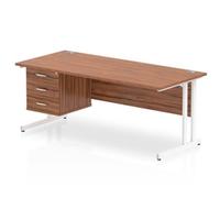 Dynamic Rectangular Office Desk Walnut MFC Cantilever Leg White Frame Impulse 1 x 3 Drawer Fixed Ped 1800 x 800 x 730mm