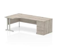 Impulse 1800mm Left Crescent Desk Grey Oak Silver Leg + Desk High Ped