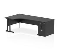 Impulse 1800mm Left Crescent Office Desk Black Top Black Cantilever Leg Workstation 800 Deep Desk High Pedestal