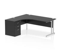 Impulse 1800mm Left Crescent Office Desk Black Top Silver Cantilever Leg Workstation 600 Deep Desk High Pedestal