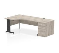 Impulse 1800mm Left Crescent Office Desk Grey Oak Top Black Cable Managed Leg Workstation 800 Deep Desk High Pedestal