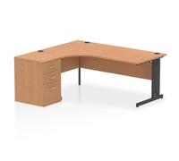 Impulse 1800mm Left Crescent Office Desk Oak Top Black Cable Managed Leg Workstation 600 Deep Desk High Pedestal