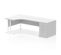 Impulse 1800mm Left Crescent Office Desk White Top White Cantilever Leg Workstation 800 Deep Desk High Pedestal