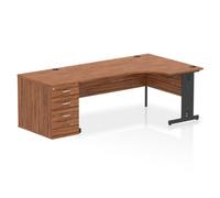 Impulse 1800mm Right Crescent Office Desk Walnut Top Black Cable Managed Leg Workstation 800 Deep Desk High Pedestal