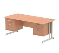 Impulse 1800x800 Desk Beech Silver Cantilever Leg + 2x Fixed Pedestal