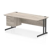 Impulse 1800x800 Desk Grey Oak/Black Cantilever 1x2 Drawer Fixed Ped