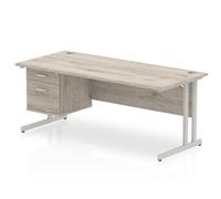 Impulse 1800x800 Desk Grey Oak Silver Cantilever Leg + Fixed Pedestal
