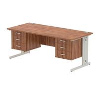 Dynamic Rectangular Office Desk Walnut MFC Cable Managed Cantilever Leg Silver Frame Impulse 2 x 3 Drawer Fixed Ped 1800 x 800 x 730mm