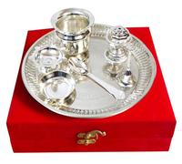 IMTRA FASHION Pooja Thali Set 7 Pieces with Red Velvet Box Traditional Handcrafted Thali Set for Pooja Arti Indian Occasional Gift Puja Thali 8.5 Inch