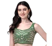 IMTRA FASHION Women Phantom Silk Saree Blouse Mirror Sequins Work Choli Crop Top Dark Green